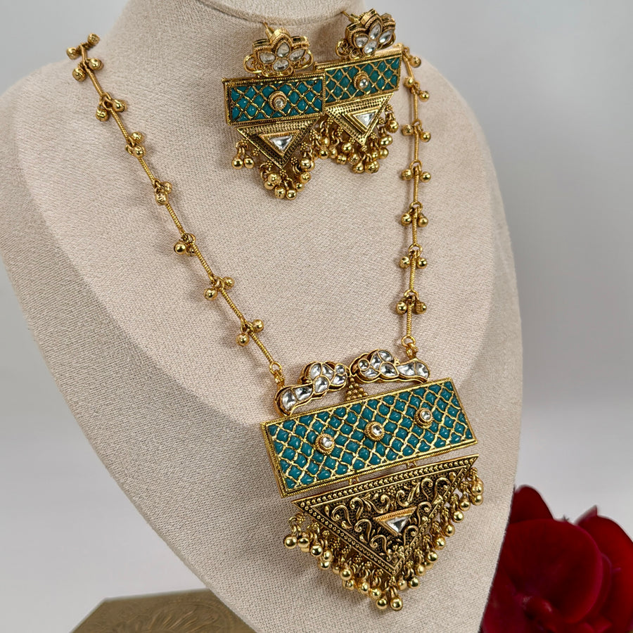 Turquoise Jadau Apala Inspired Antique Gold Ghungroo Long Necklace Set