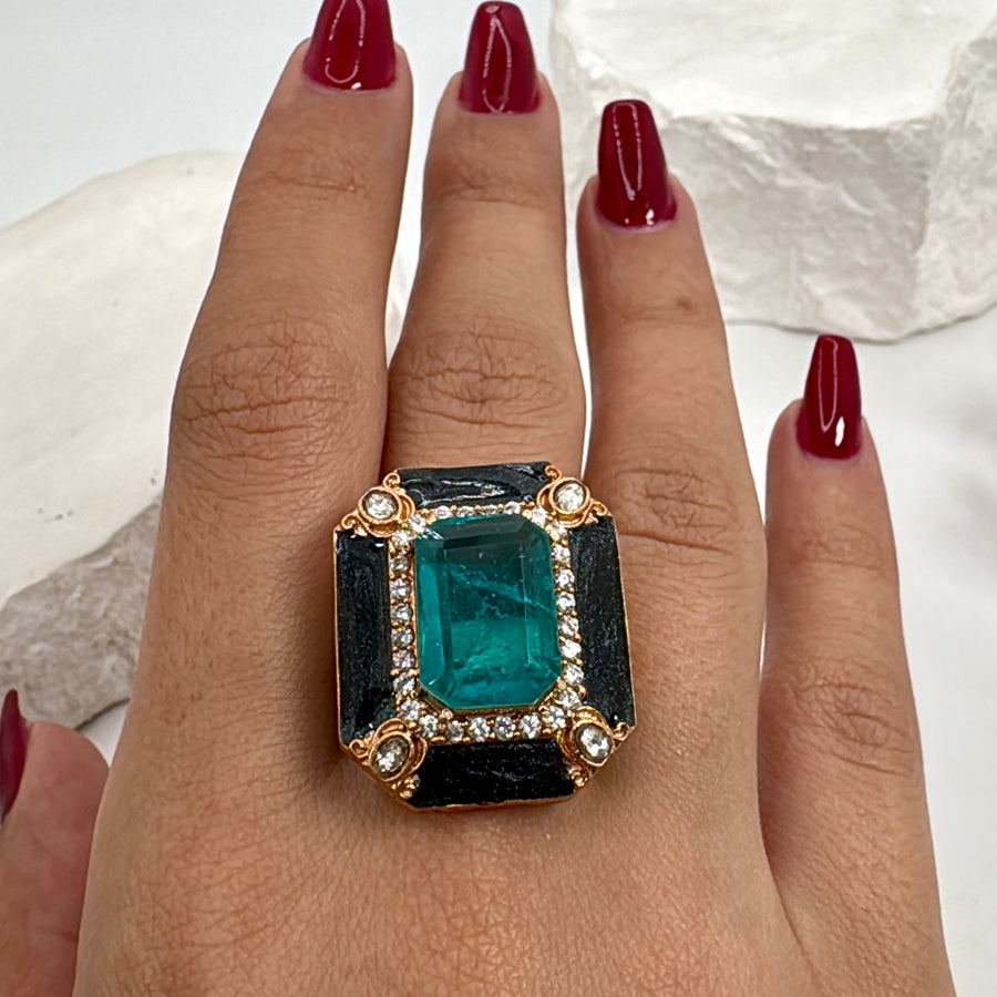 Teal Black Enamel Adjustable Finger Ring