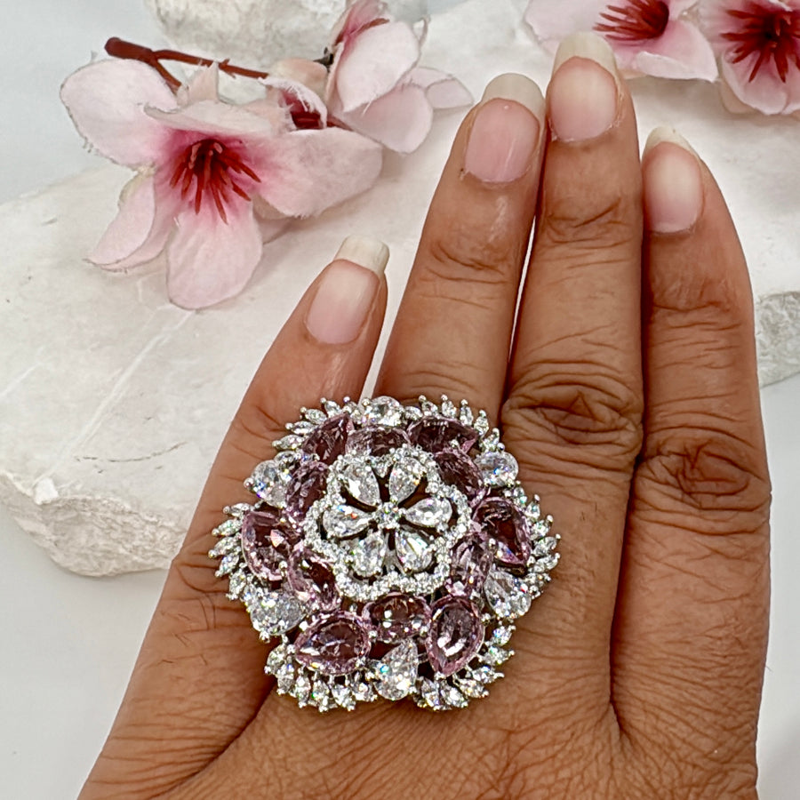 Pink Flower American Diamonds Cubic Zirconia Cocktail Adjustable Finger Ring