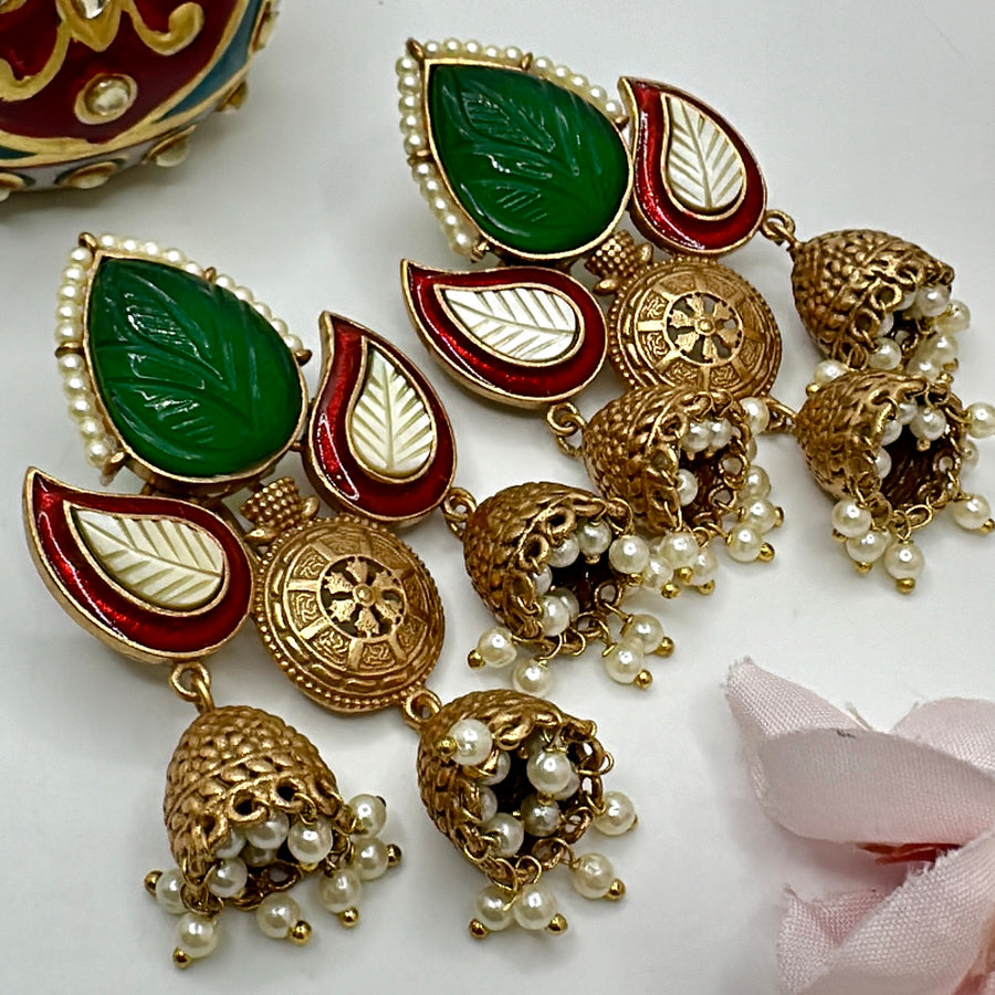 Green & Red MOP Silver Lookalike Antique Gold Jhumka Earrings