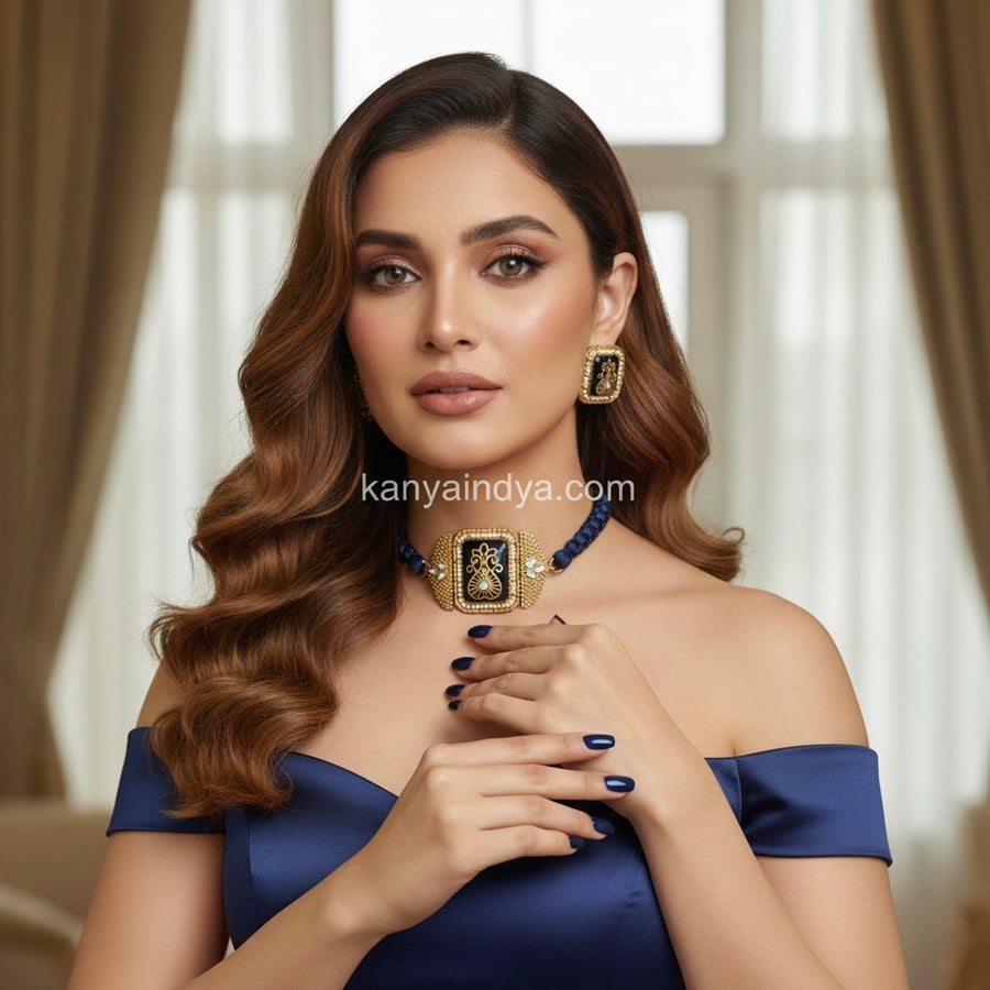 Blue Apala Inspired Glass Stone With Inlay Work Dori Choker Necklace Set