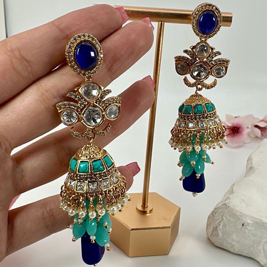 Turquoise & Blue Moissanite Jhumka Earrings