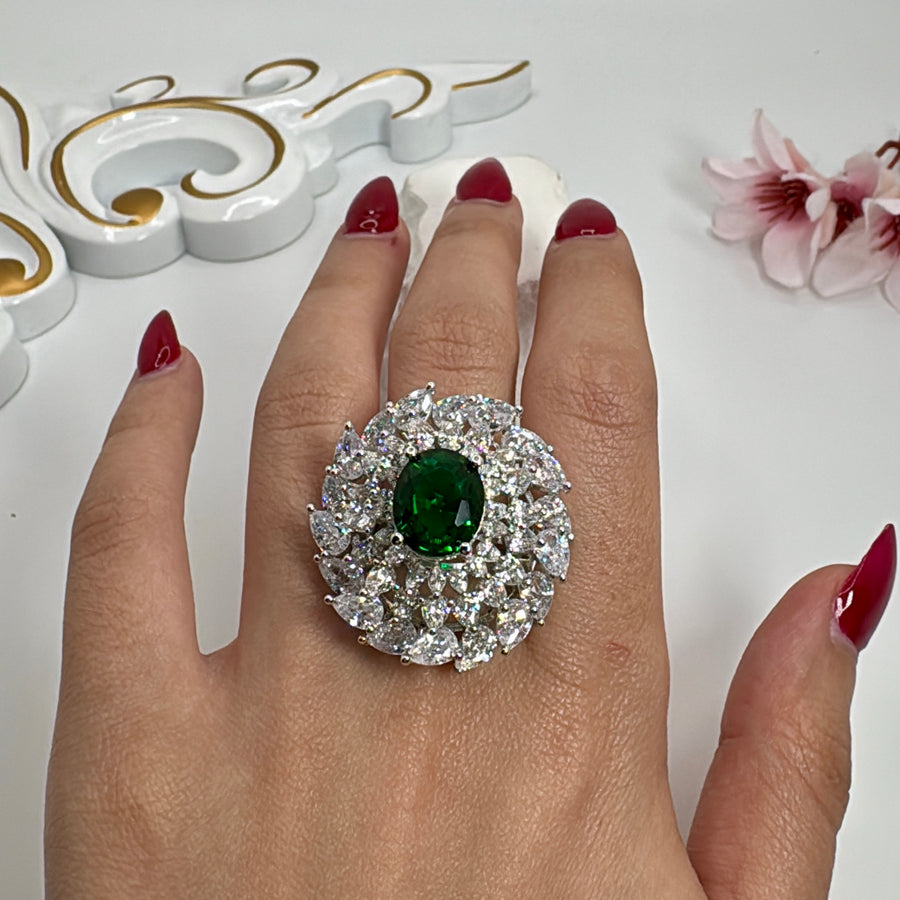 Green American Diamonds CZ Adjustable Cocktail Finger Ring