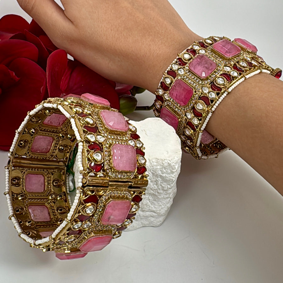Pink Doublet Moissanite Statement Openable Bangle Pair(Size 2.4)