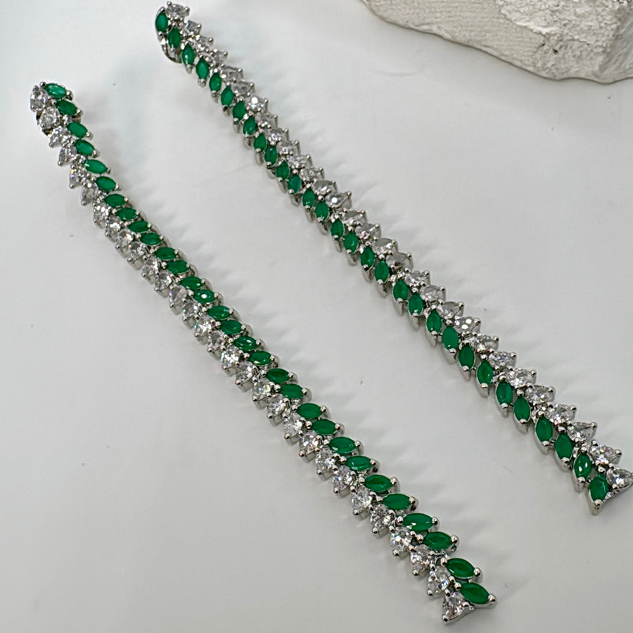 Green AAA Cut Cubic Zirconia Rhodium Plated Long Lightweight Earrings (Approx.Length 4.5 inches)