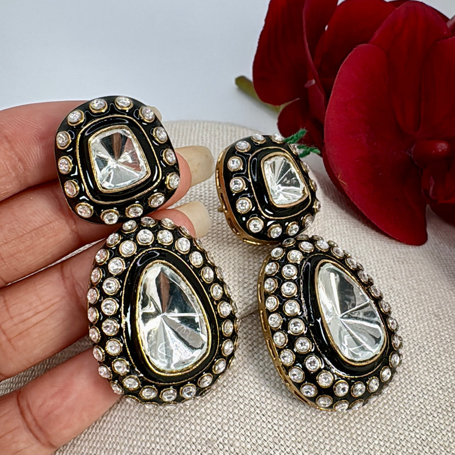 Black Meenakari Jadau Uncut Kundan Earrings