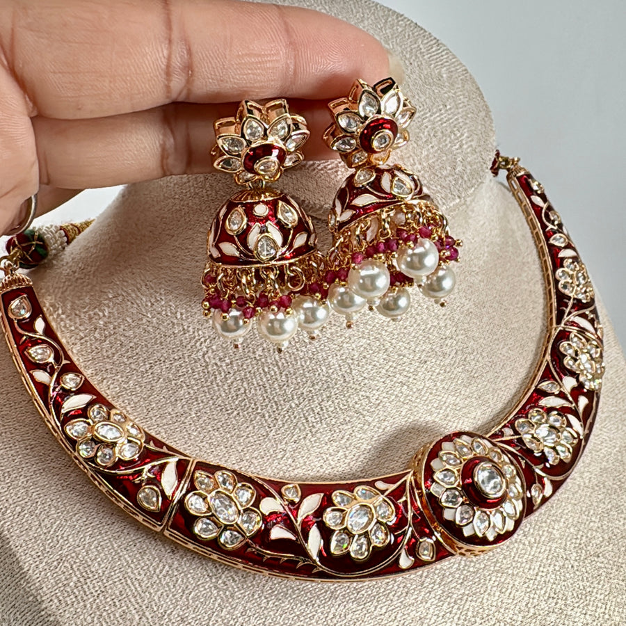 Red Moissanite Meenakari Hasli Necklace Set