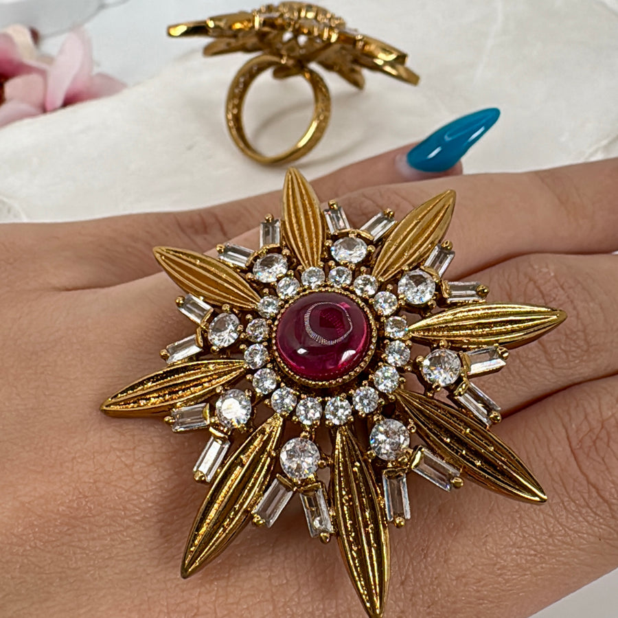Ruby Antique Gold Statement Adjustable Finger Ring