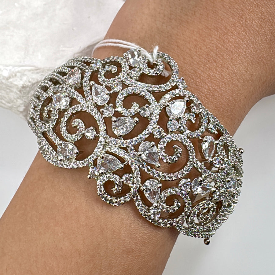 Clear AAA Cut Cubic Zirconia With Rhodium Polish Openable Bangle(Fits Size 2.2-2.6)