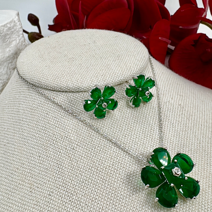 Green Italian Cubic Zirconia Flower Pendant Necklace Set