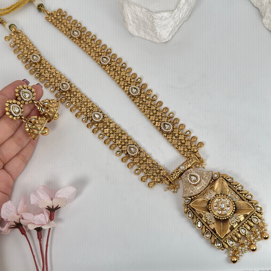 Clear Antique Gold Meenakari Kundan Long Necklace Set