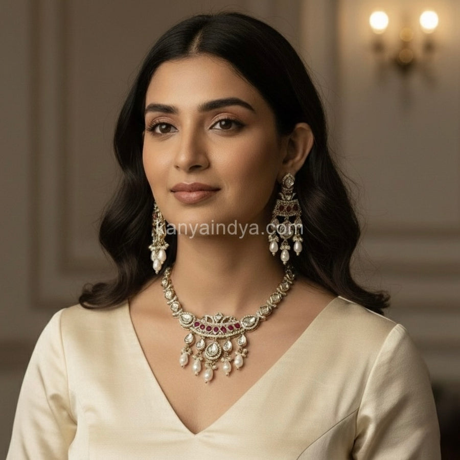 Ruby Moissanite Dainty Polki Kundan Necklace Set