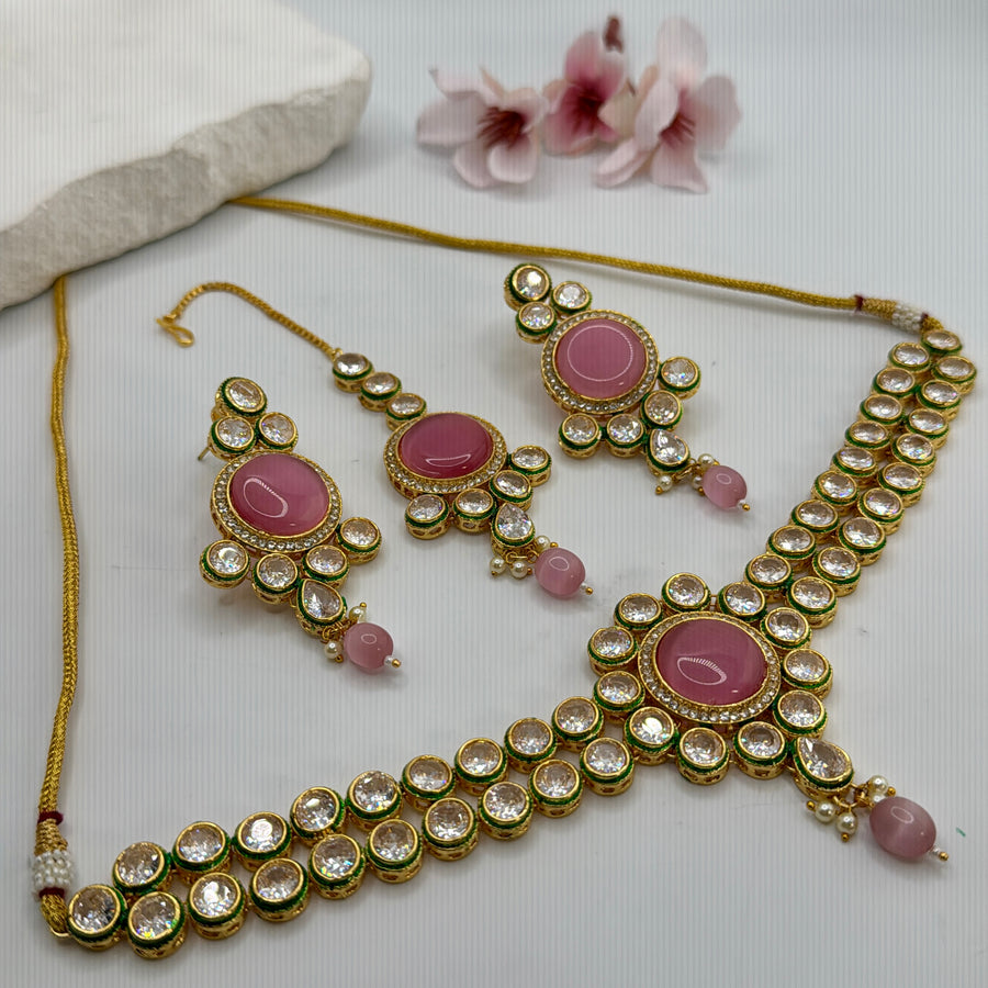 Pink Kundan Reverse AD Choker Necklace Set