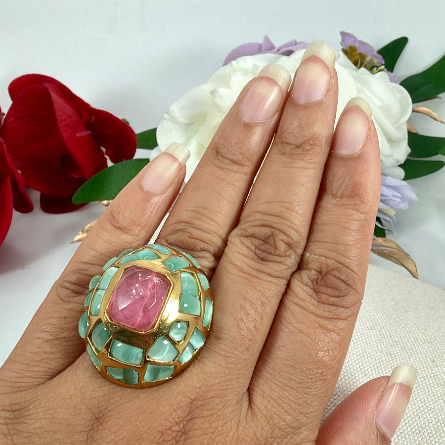 Mint Pink Jadau Adjustable Finger Ring