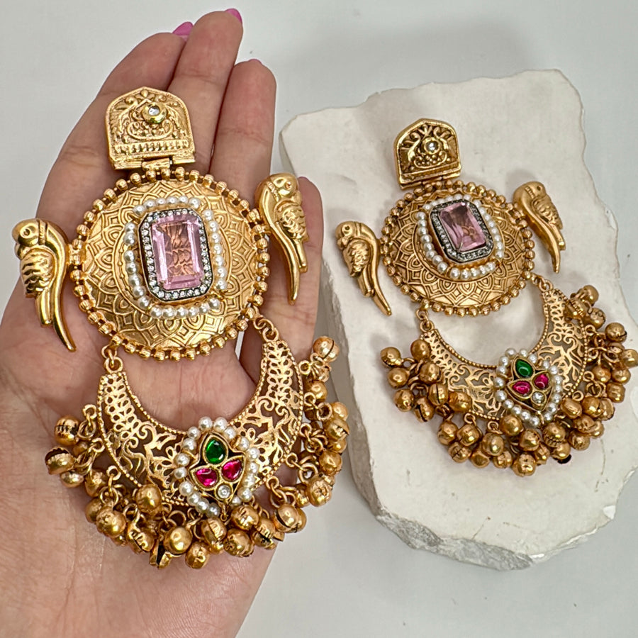 Pink Silver Lookalike Gold Statement Earrings With Multi Paachi Motifs