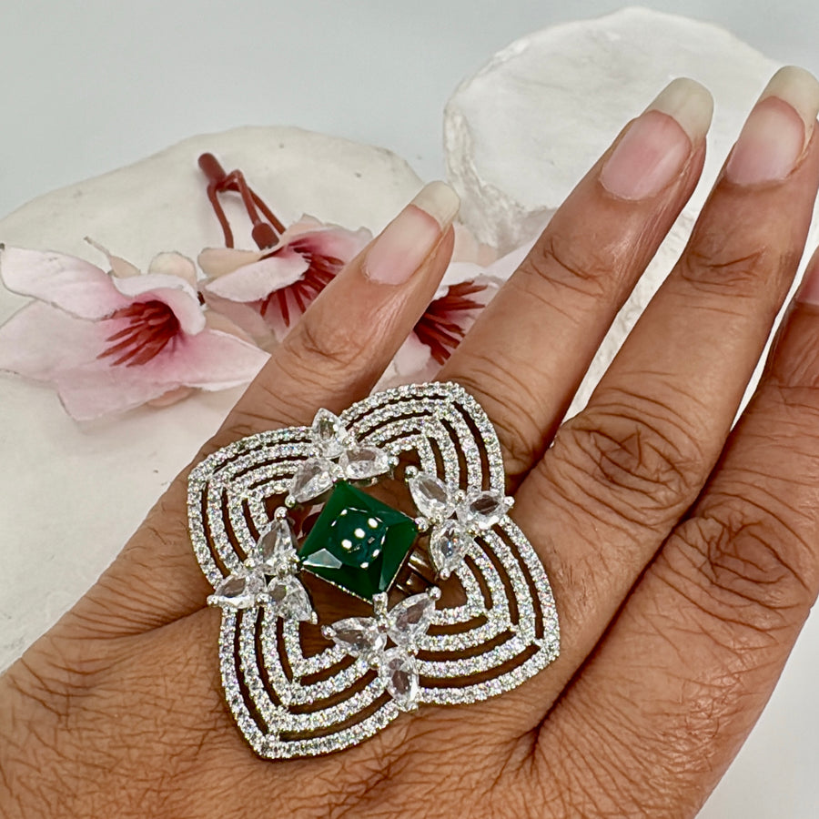 Green Cubic Zirconia American Diamonds Adjustable Statement Finger Ring