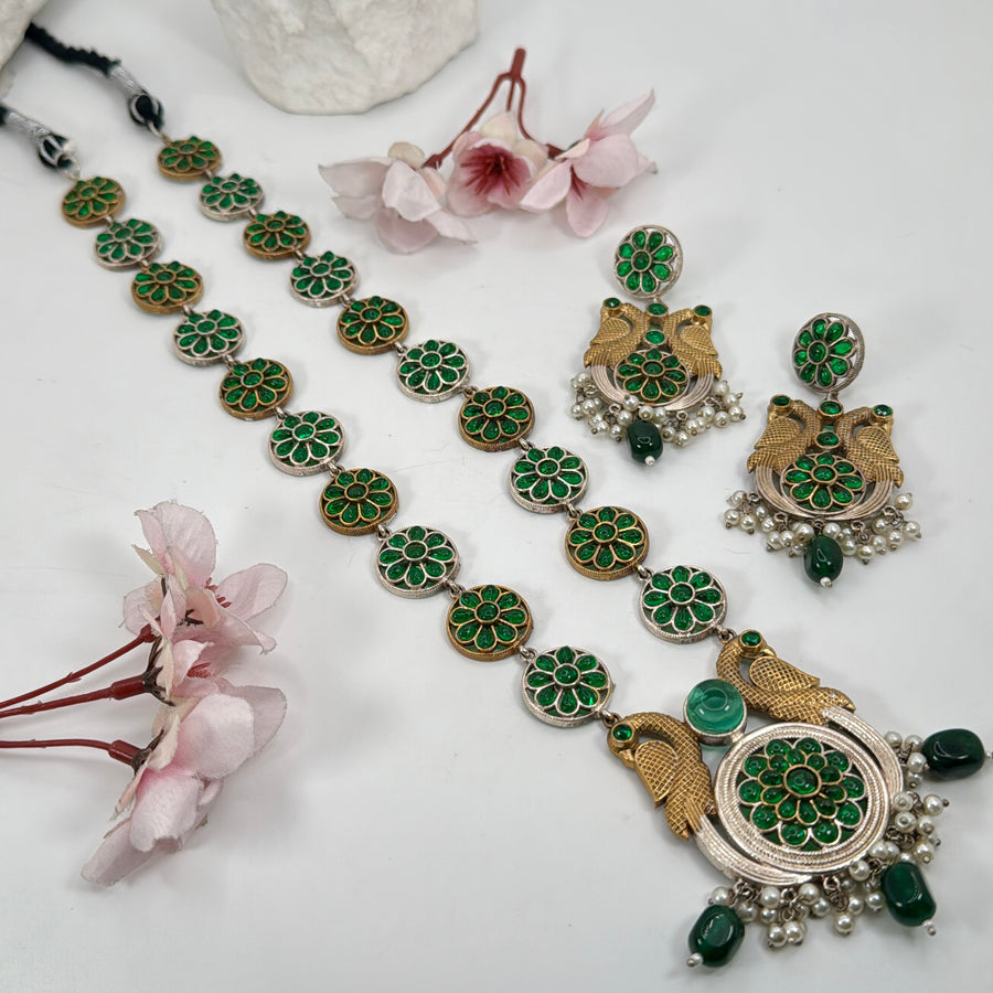 Green Dual Tone Silver Lookalike Long Necklace Set