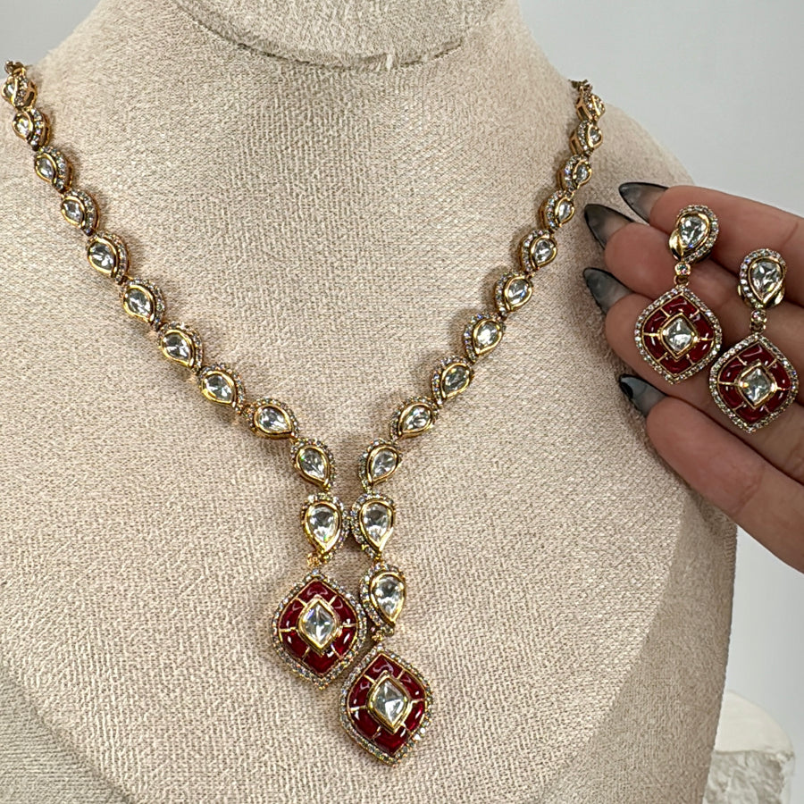 Ruby Jadau Polki Kundan Dainty Necklace Set
