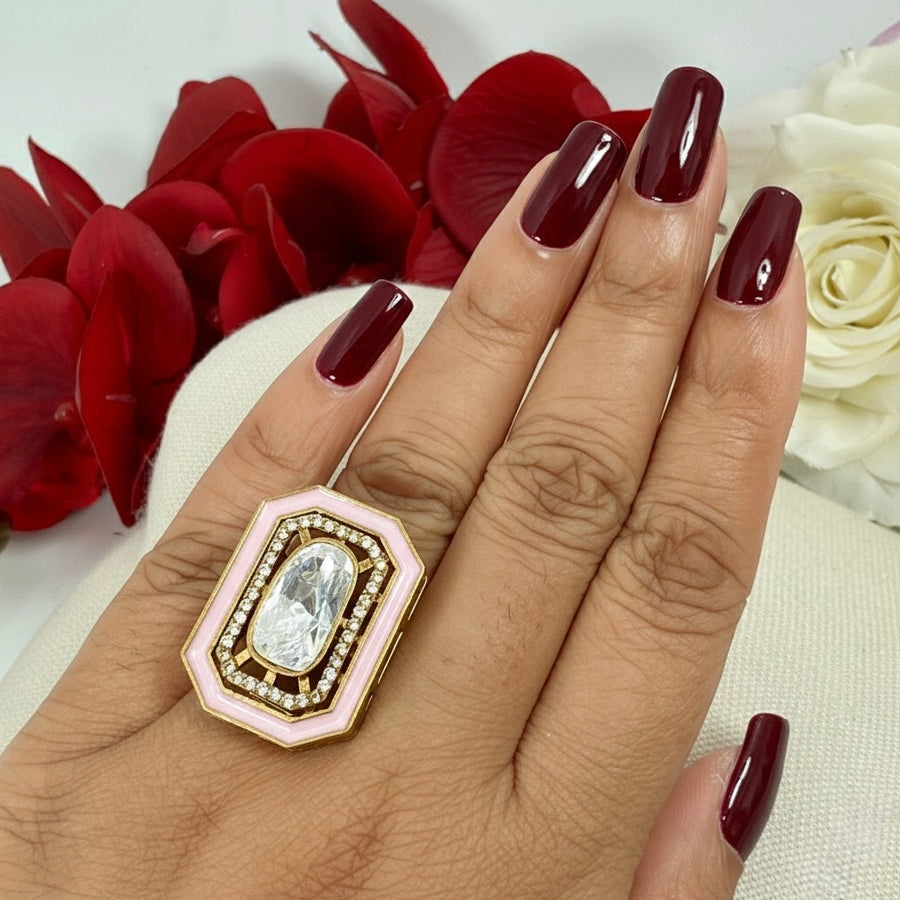 Pink Meenakari Moissanite Finger Ring