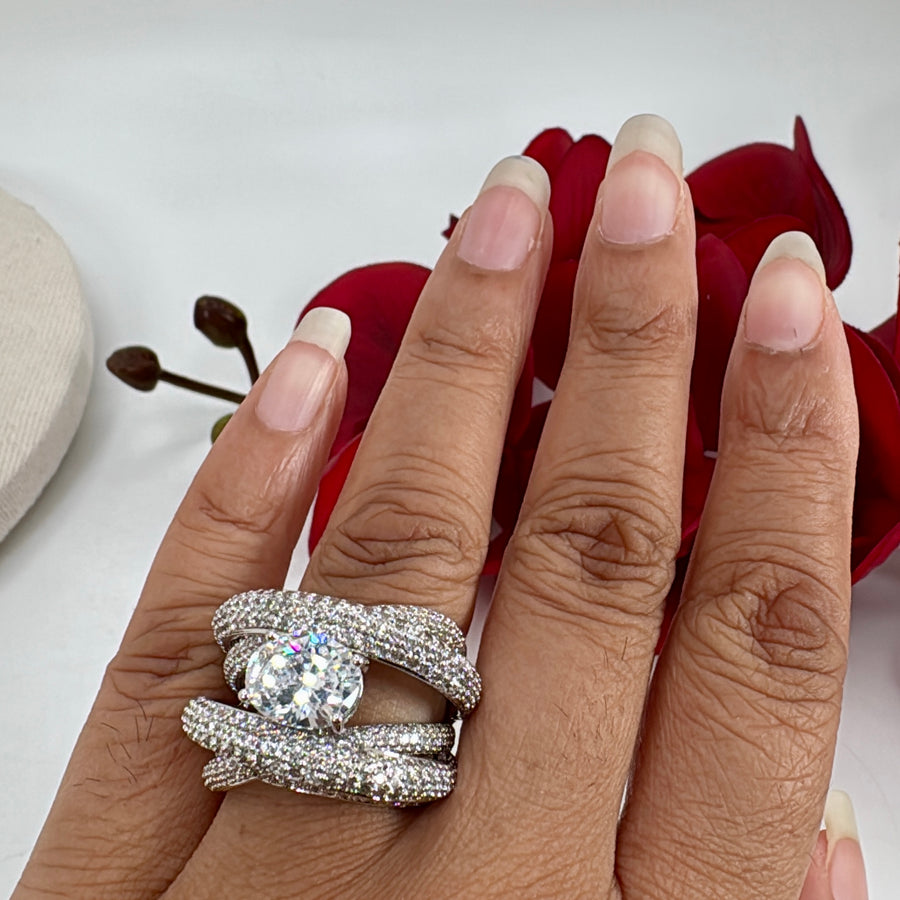 Clear AAA Cut Cubic Zirconia Rhodium Plated Finger Ring(Non Adjustable)
