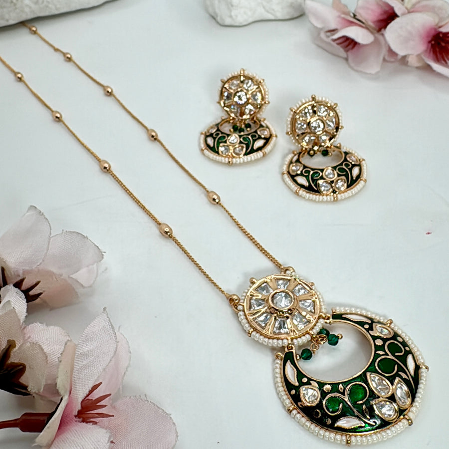 Green Meenakari Moissanite Kundan Pendant Necklace Set