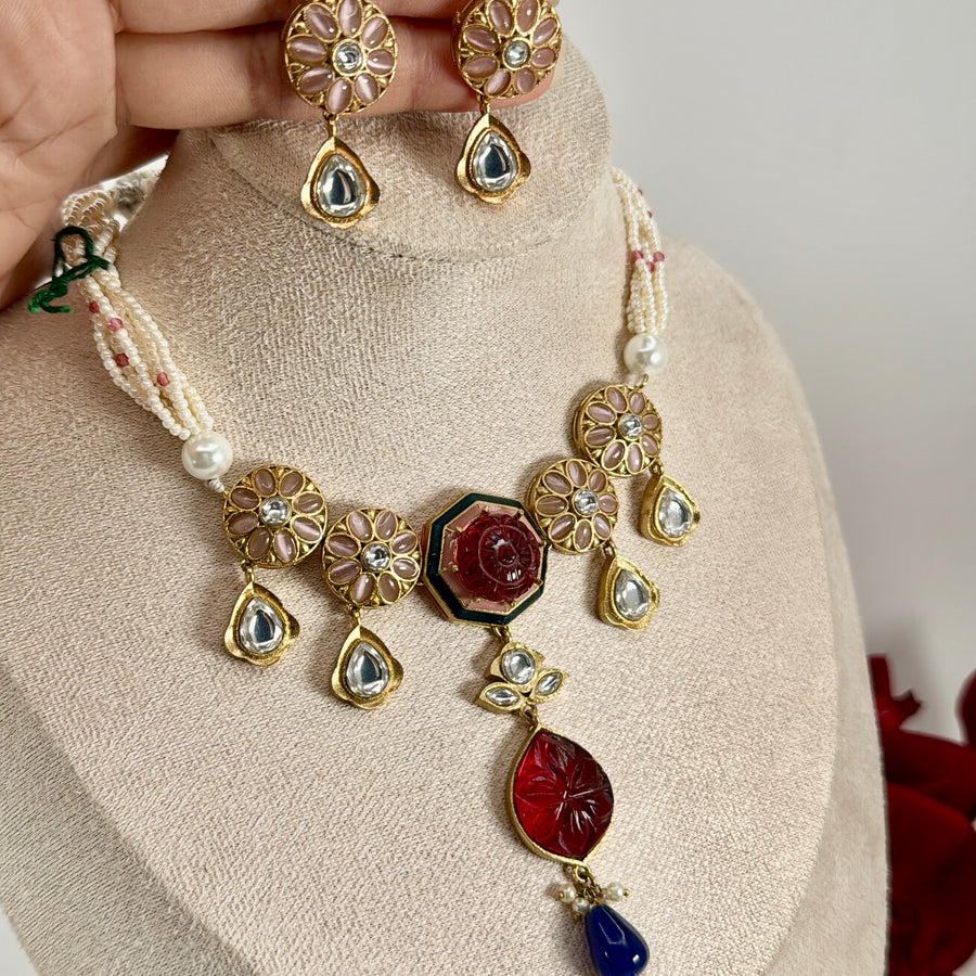 Ruby Carved Doublet Enamel Dainty Necklace Set