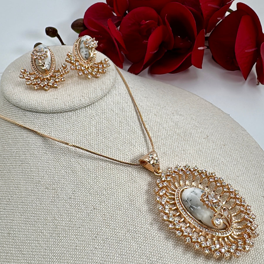 White Marble Stone American Diamonds Pendant Necklace Set