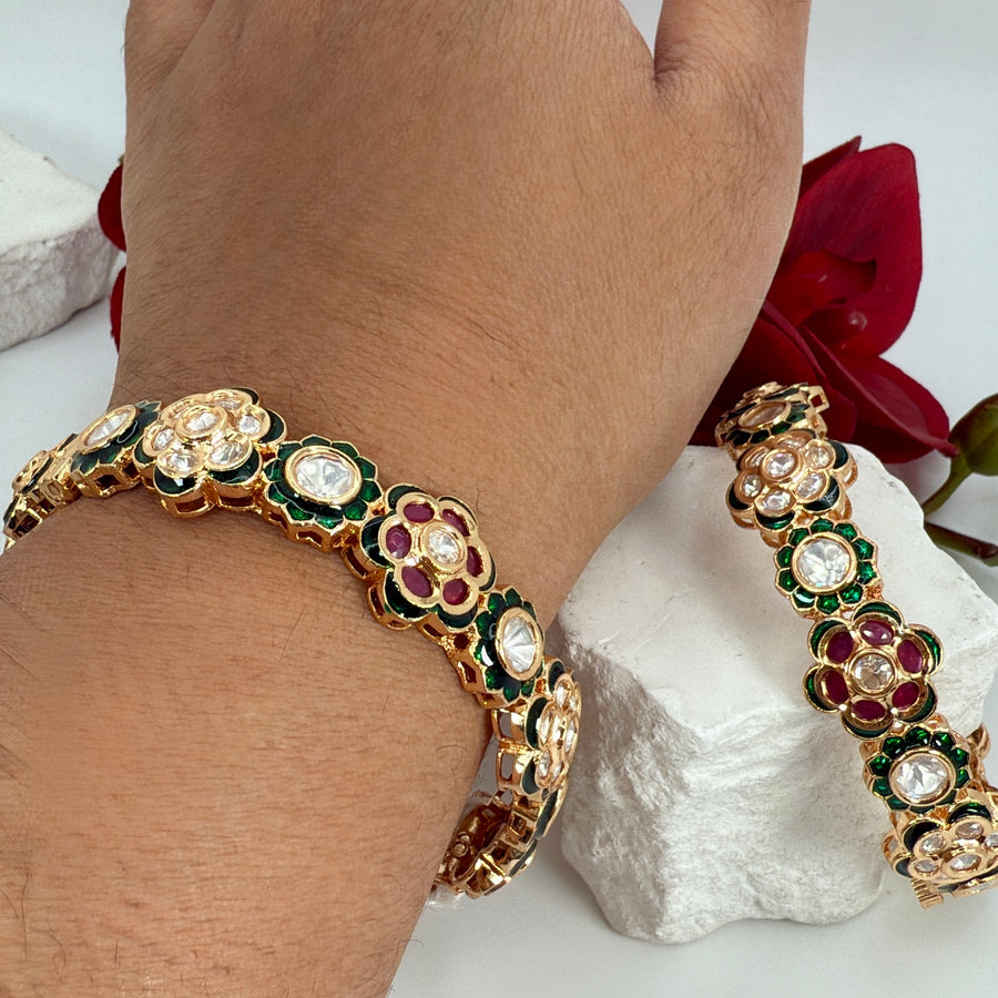 Ruby Green Flower Jadau Openable Bangle Pair(Size 2.6)
