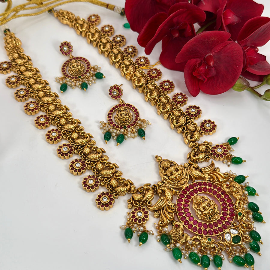 Ruby Green Temple Inspired Necklace Set