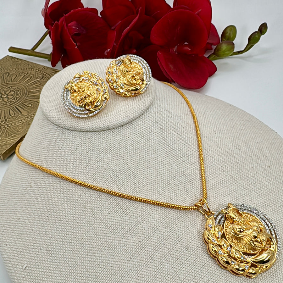 Clear Radha Krishna AAA Cut Cubic Zirconia 24 Carat Gold Plated Pendant Necklace Set