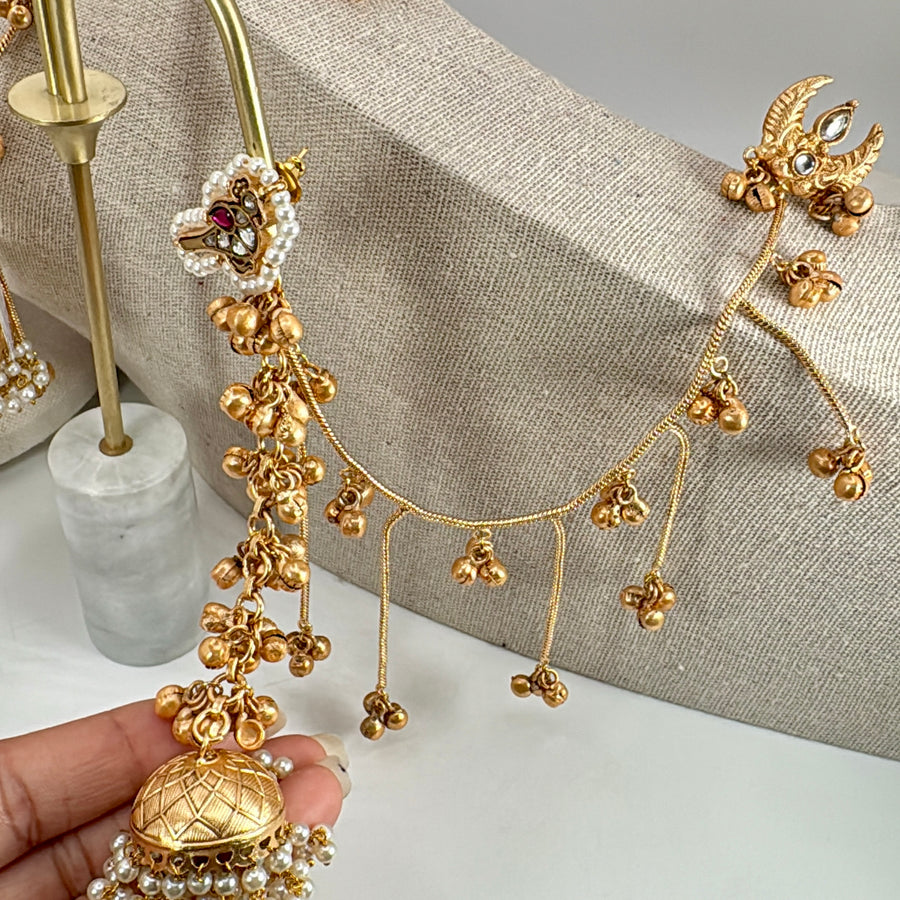 Multi Paachi Jadau Silver Lookalike Gold Long Jhumka Earrings With Ear Chains
