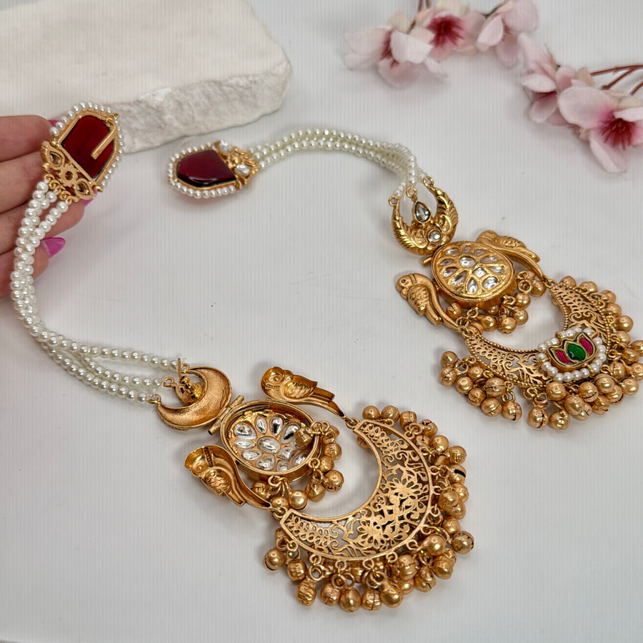 Ruby Silver Lookalike Gold with Pear Earchain Chand Bali Earrings