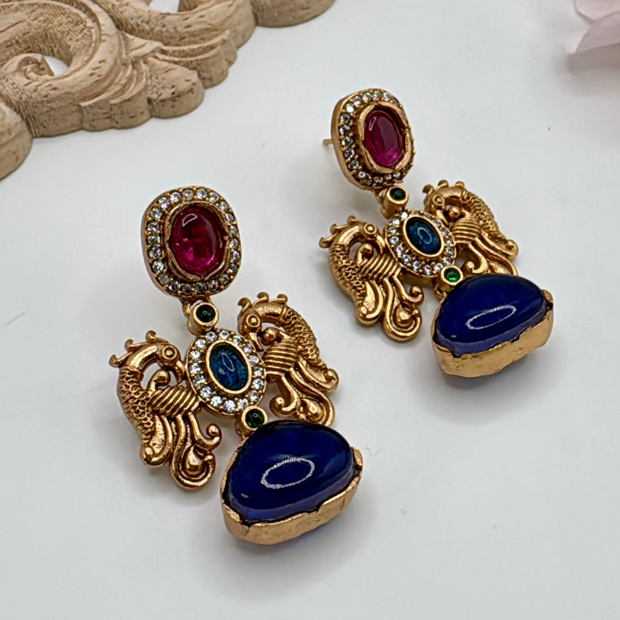 Blue & Ruby Antique Gold Doublet Earrings