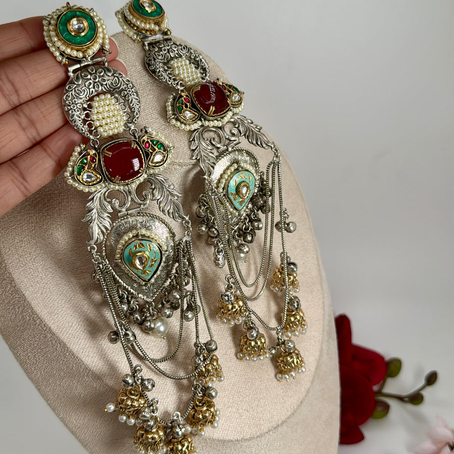 Ruby Silver Lookalike Statement Long Earrings