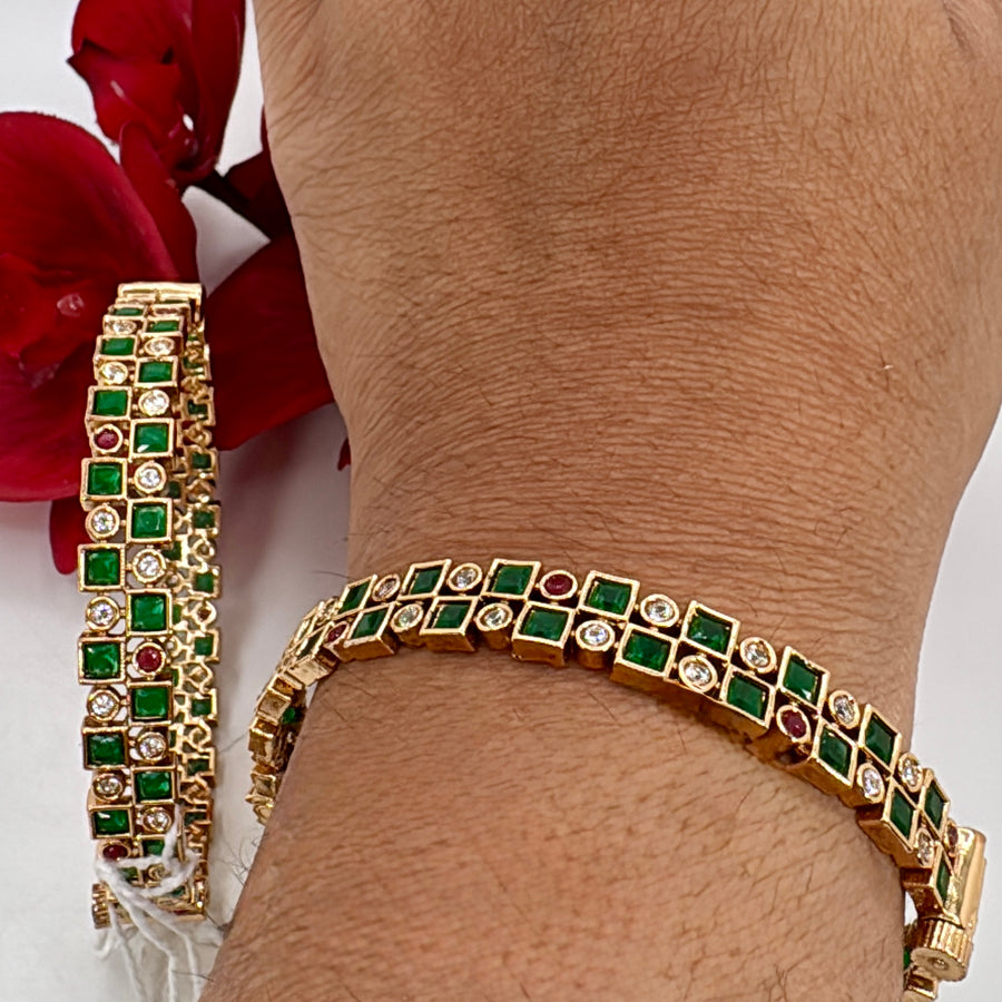 Green Kemp Jadau Openable Bangle Pair(Size 2.6)
