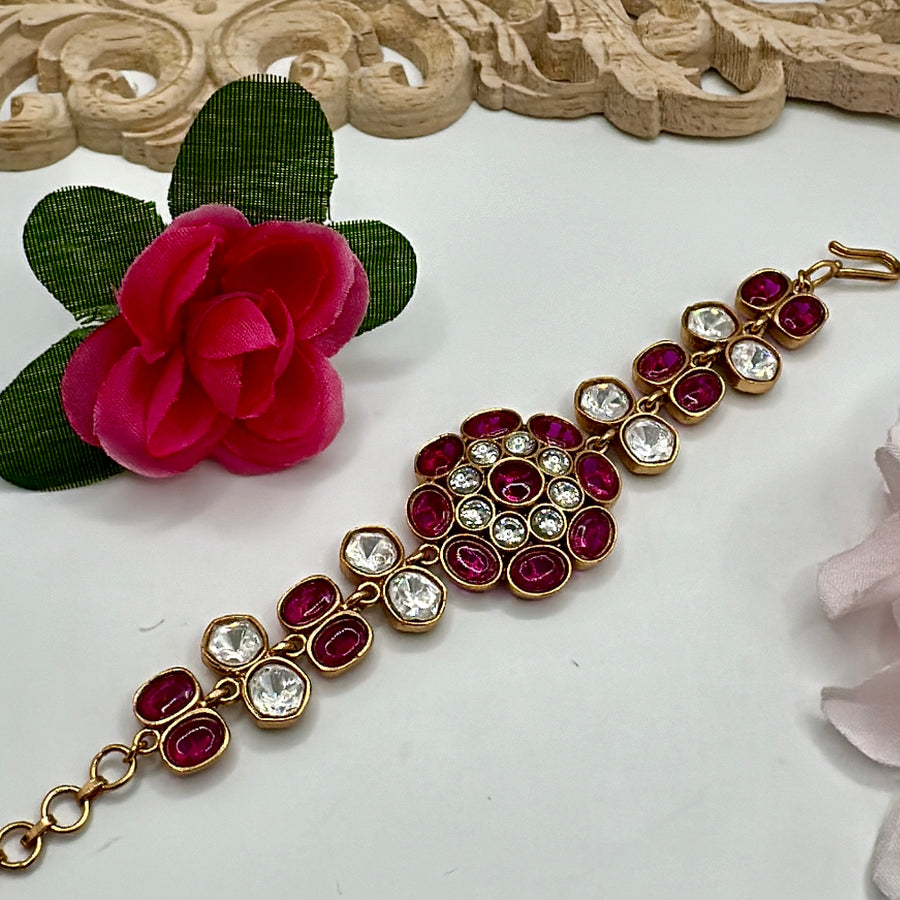 Ruby & Clear Moissanite Kundan Adjustable Bracelet(One Size Fits All)