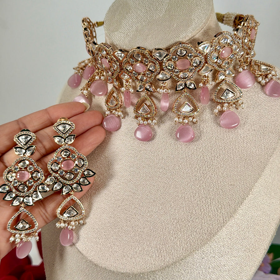Pink Polki Kundan Choker Necklace Set