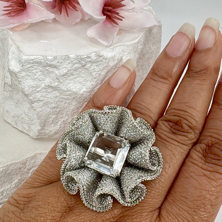 Clear Doublet American Diamonds Cubic Zirconia Nano Setting Adjustable Statement Finger Ring
