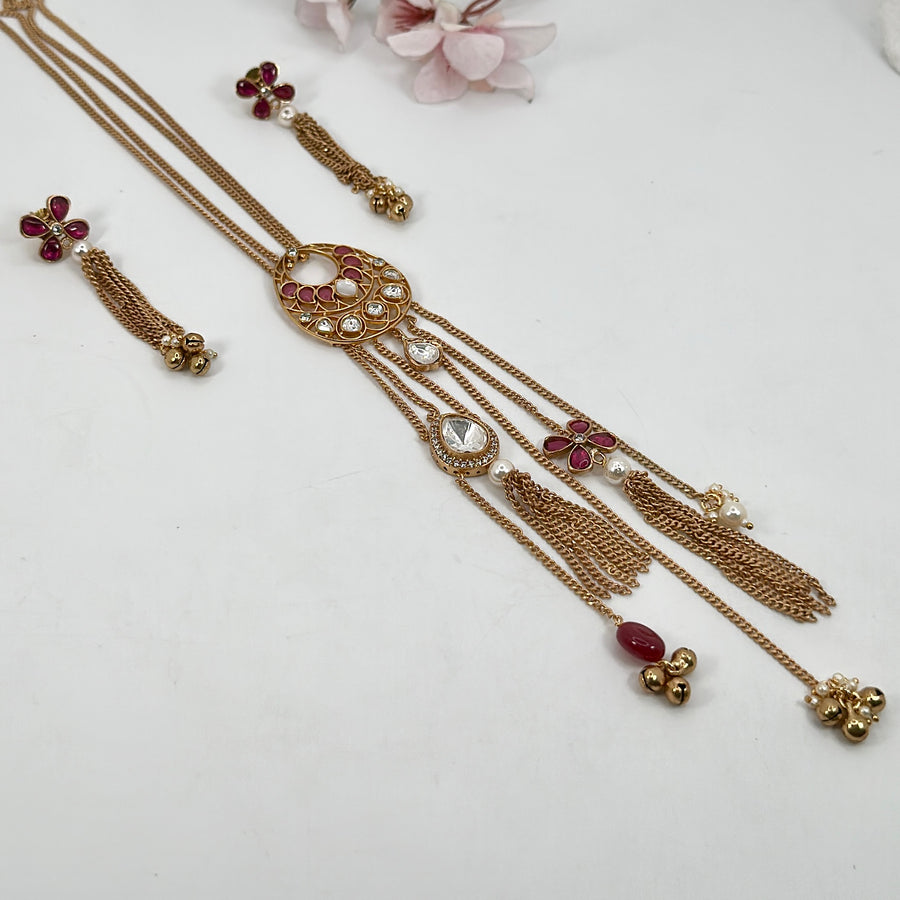 Ruby Moissanite Apala Inspired Long Necklace Set