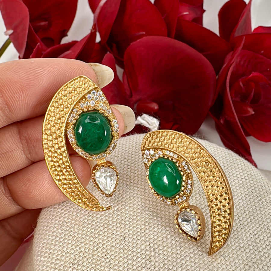 Green Moissanite Antique Gold Stud Earrings