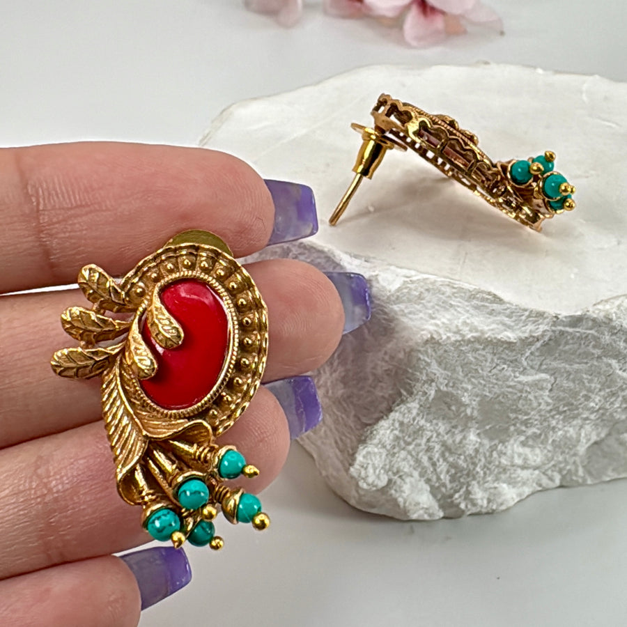 Red Coral & Turquoise Dainty Stud Earrings