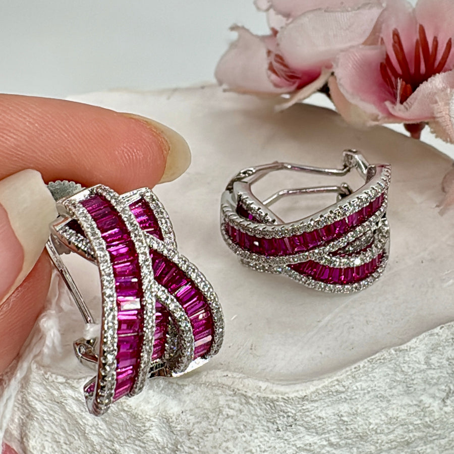 Ruby Invisible Setting American Diamonds Cubic Zirconia Italian Hoop Earrings