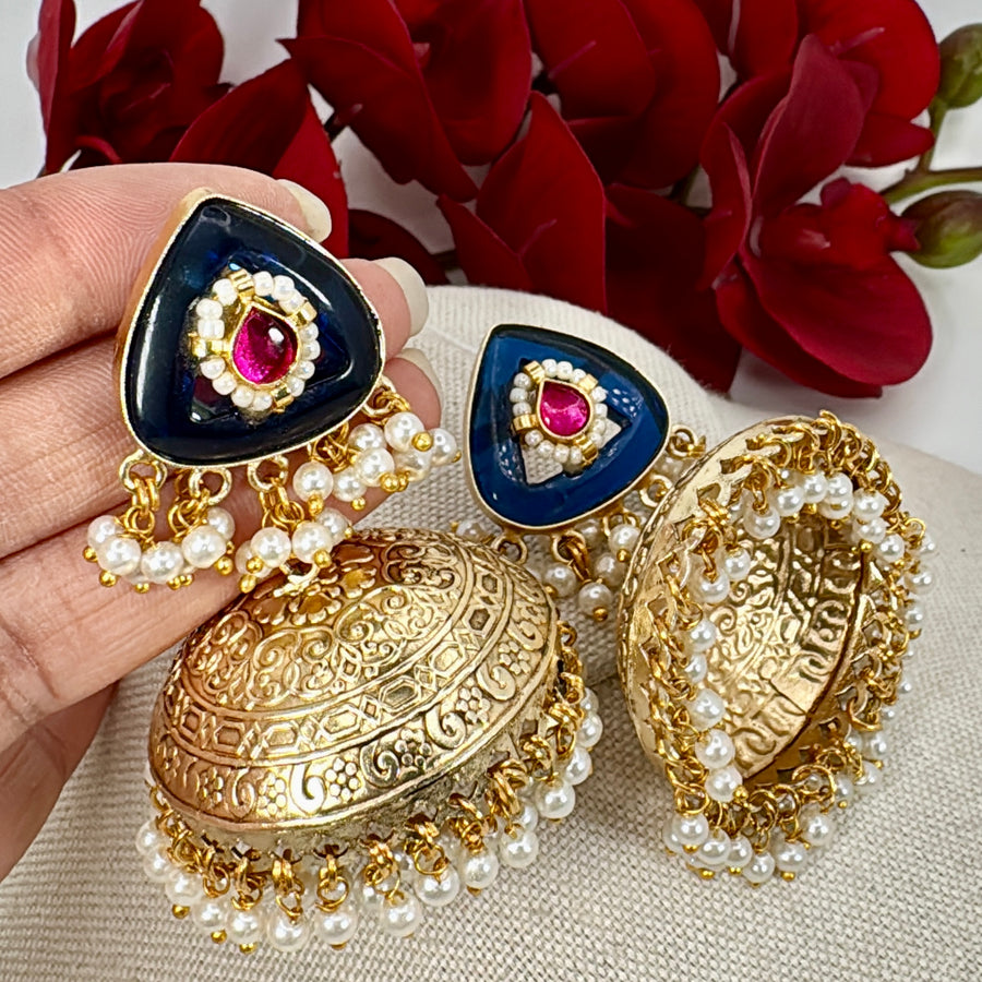 Blue Silver Lookalike Gold Jhumka Earrings