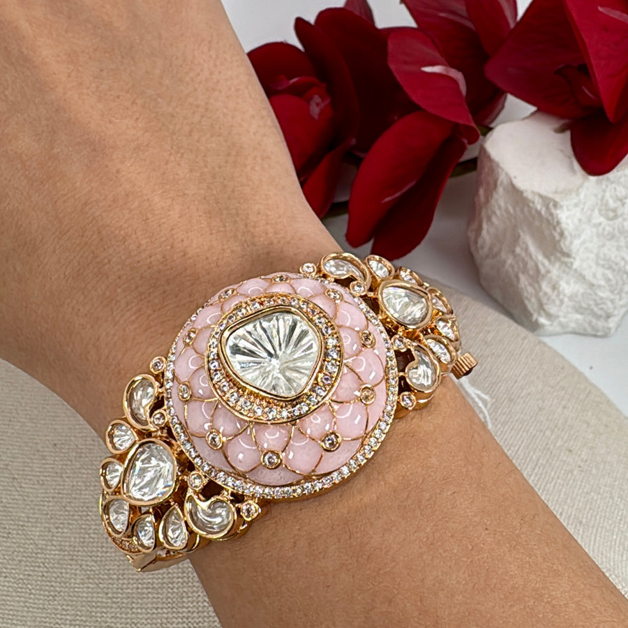 Pink Jadau Moissanite Adjustable Bangle(Fits Size 2.2-2.6)