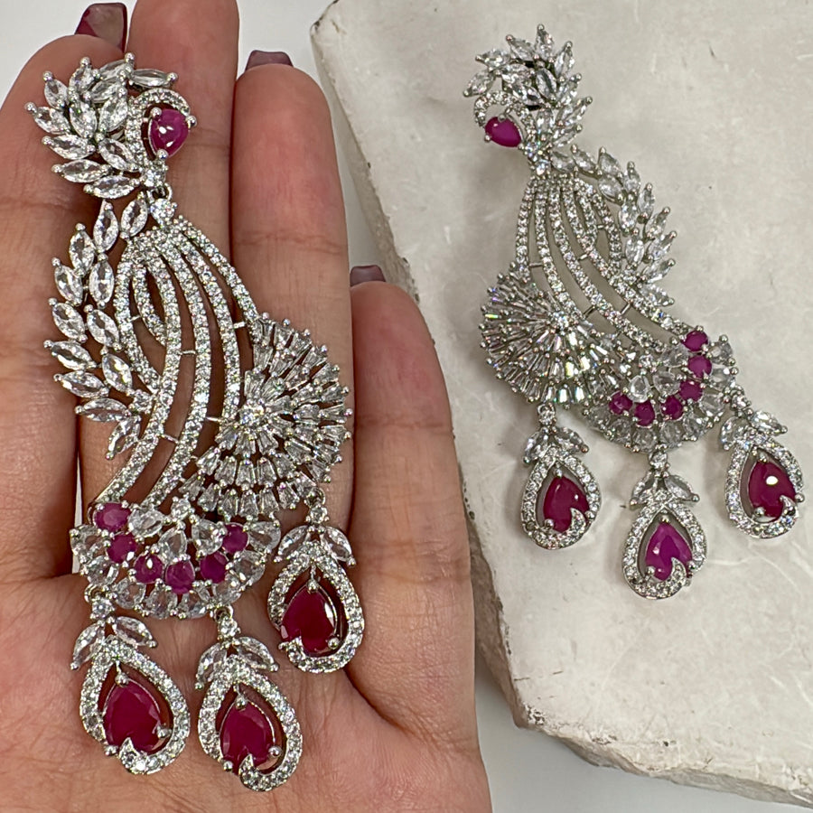Ruby AAA Cut Cubic Zirconia Rhodium Plated Cocktail Earrings