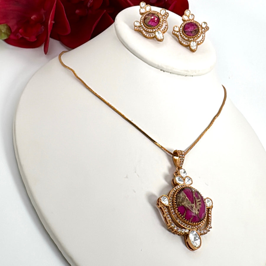 Ruby Marble Doublet With Moissanite Pendant Necklace Set