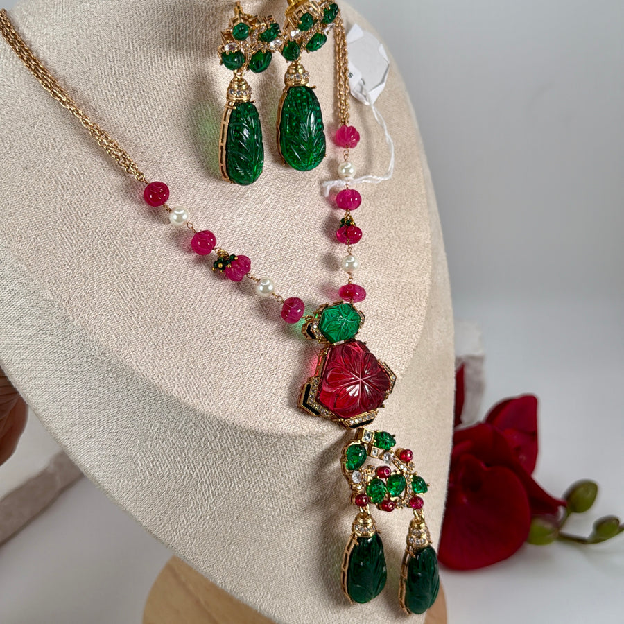 Ruby Green Carved Doublet Cubic Zirconia Necklace Set