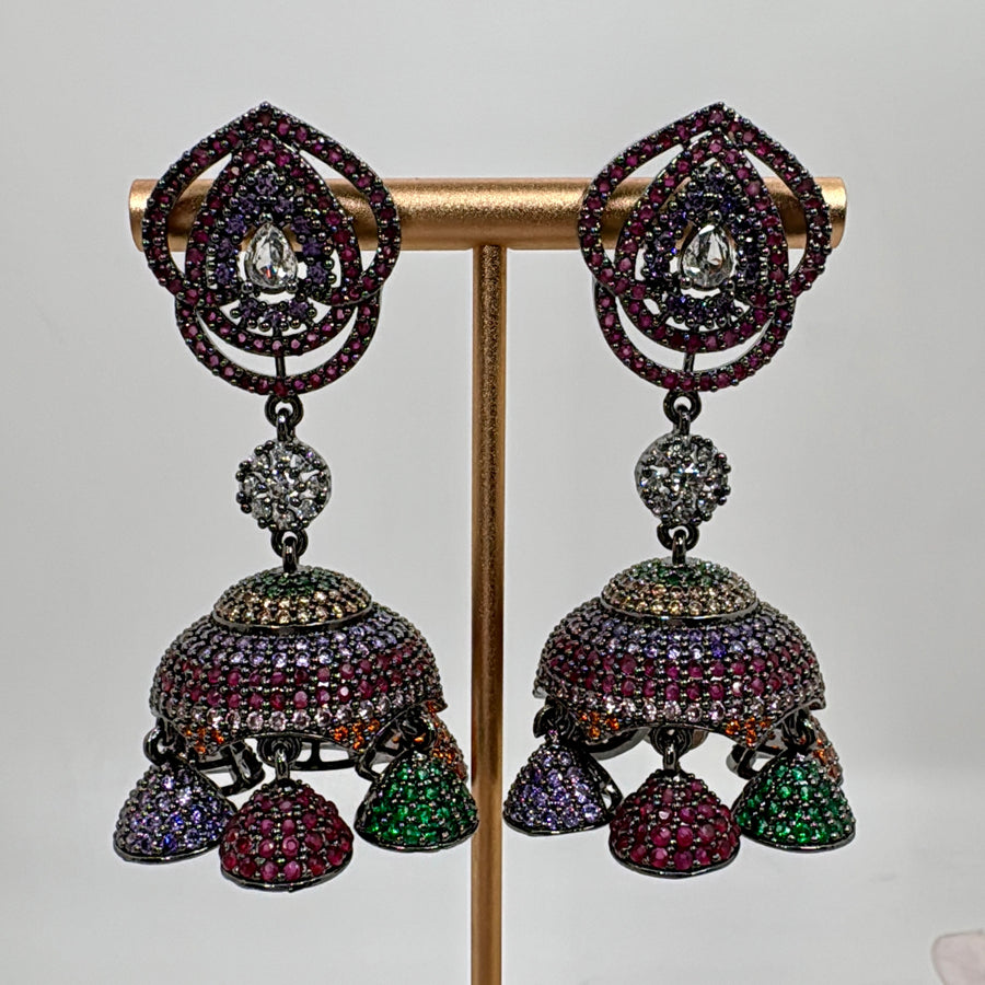 Multi Invisible Setting American Diamonds Cubic Zirconia Jhumka Earrings (Approx. length 2.5 inches)