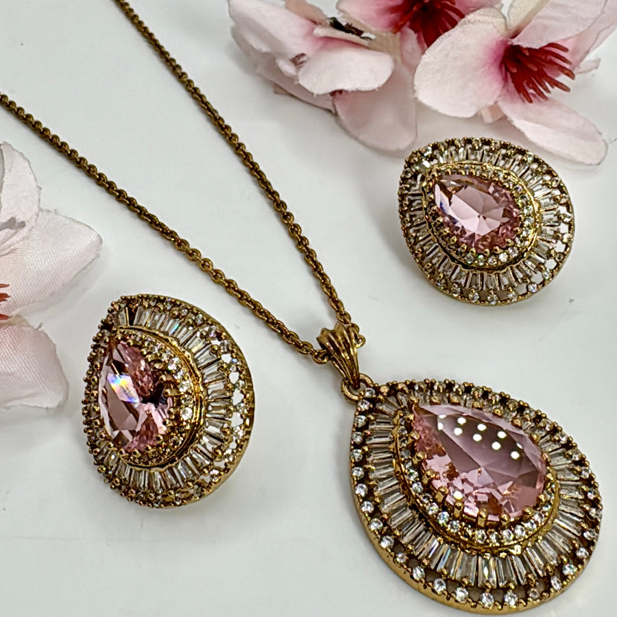 Pink American Diamonds CZ Pendant Set