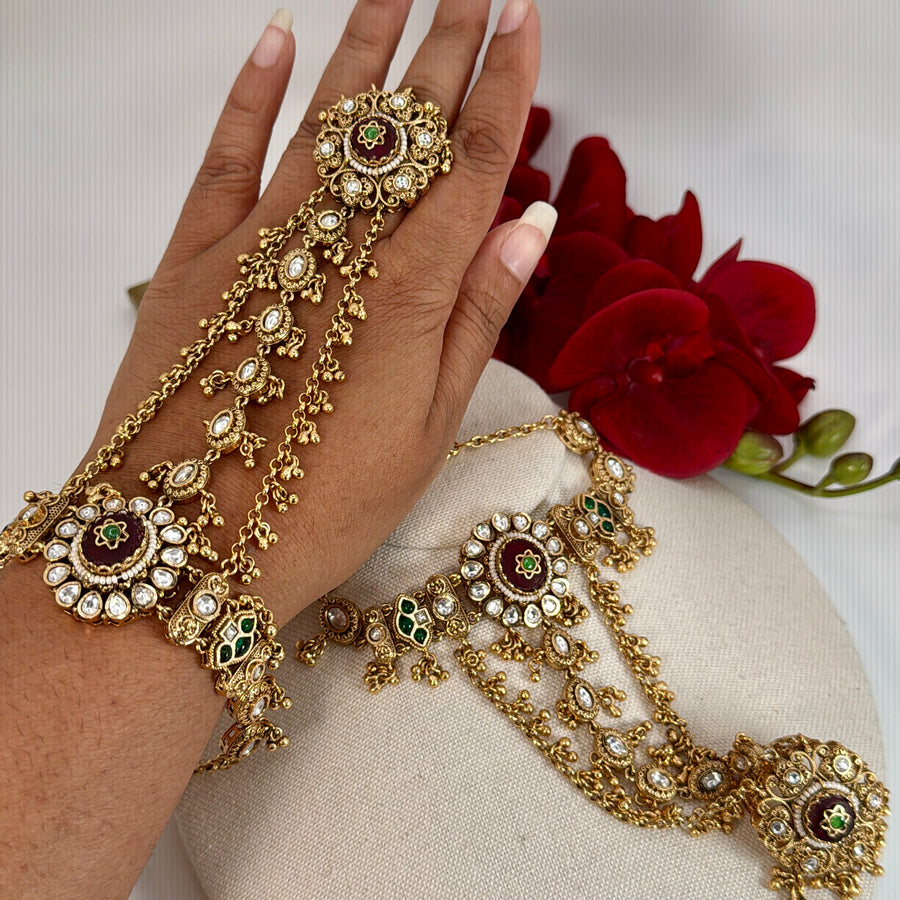 Ruby Antique Gold Adjustable Finger Bracelet Pair